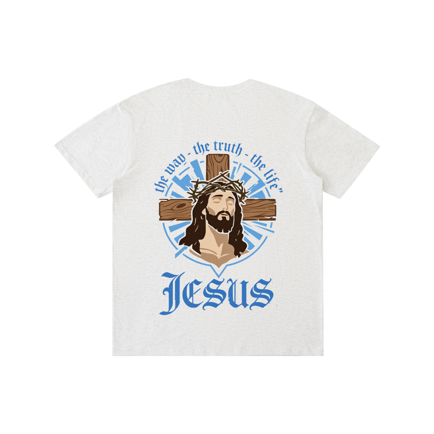 Unisex pure cotton T-shirt, light gray with blue Jesus emblem and text graphic