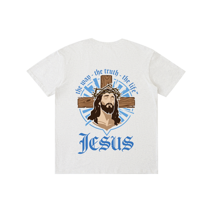 Unisex pure cotton T-shirt, light gray with blue Jesus emblem and text graphic