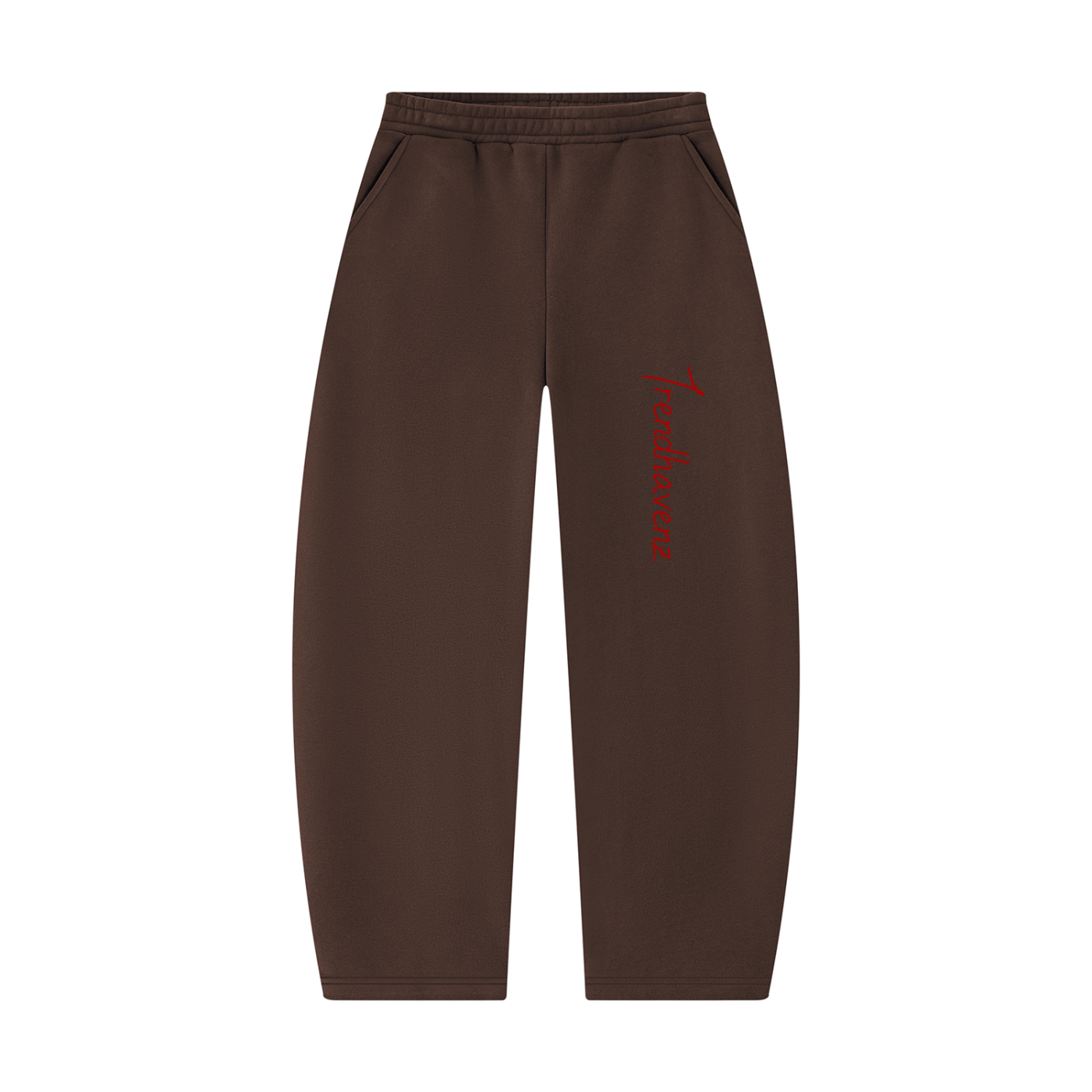 Coffee-brown unisex barrel-leg sweatpants with red logo on front