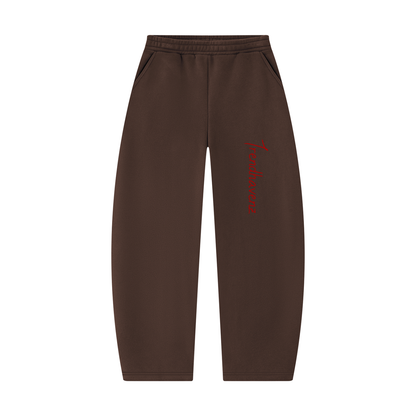 Coffee-brown unisex barrel-leg sweatpants with red logo on front