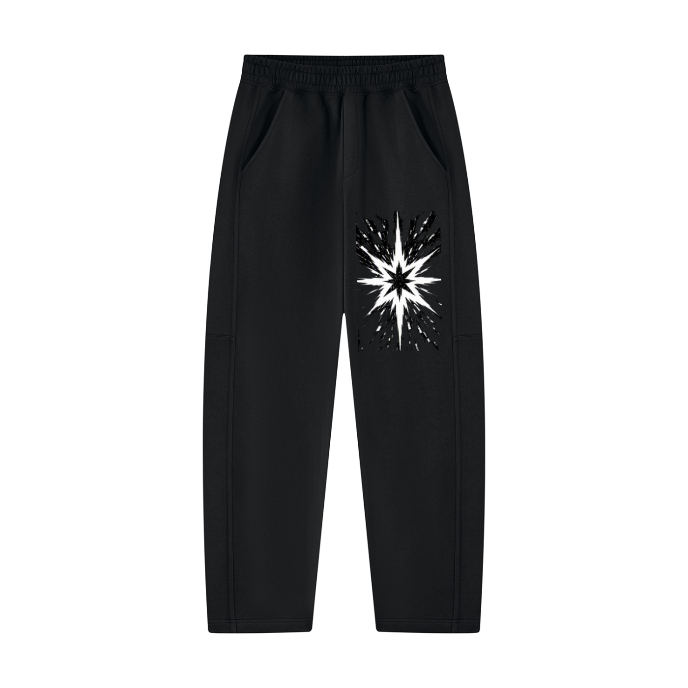 Black unisex sweatpants with tapered straight leg and starburst glitch graphic