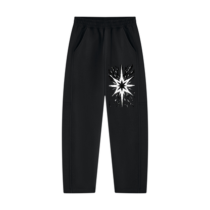 Black unisex sweatpants with tapered straight leg and starburst glitch graphic