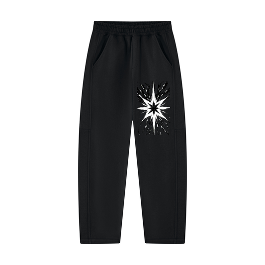 Black unisex sweatpants with tapered straight leg and starburst glitch graphic