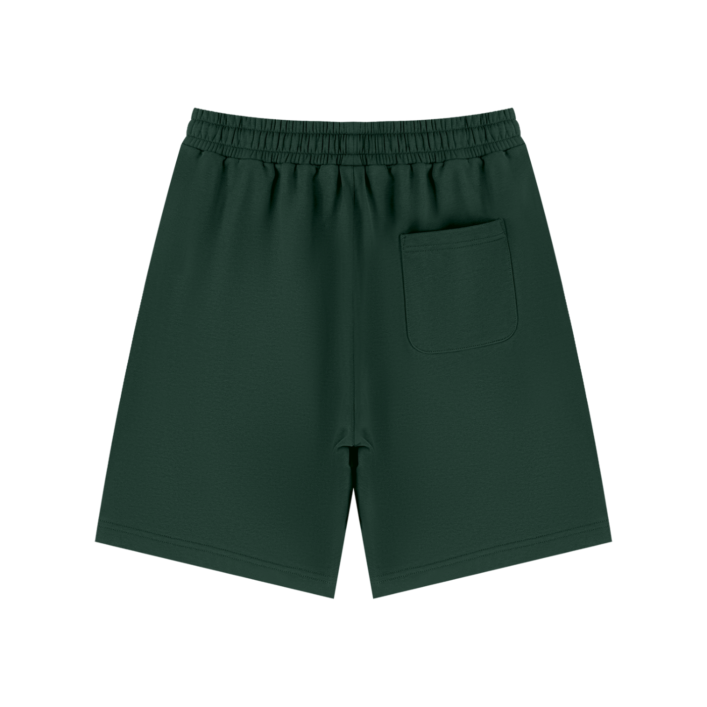 Unisex dark green drawstring shorts with side pocket and elastic waistband