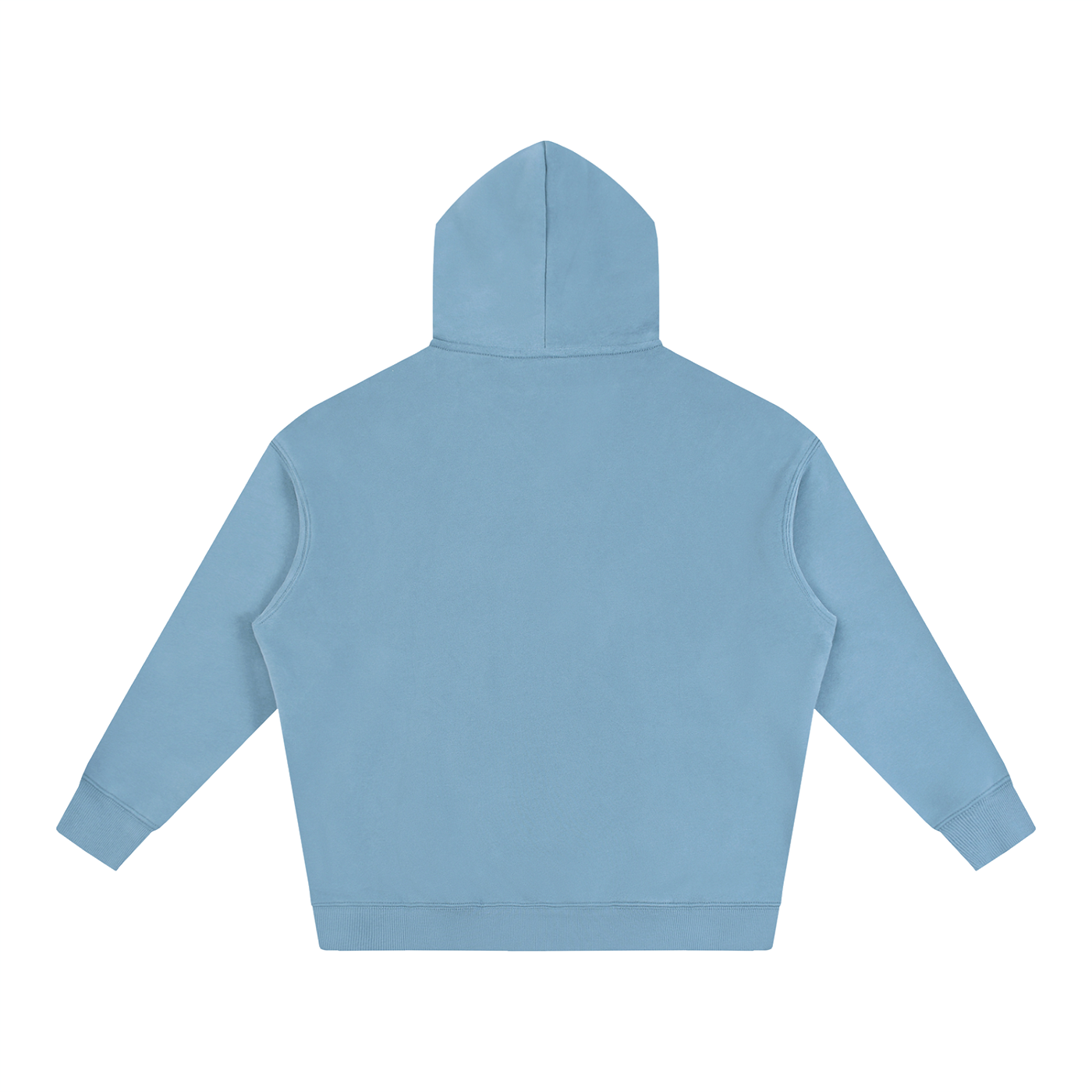 Oversize fleeced hoodie, light blue, back view with hood and kangaroo pocket