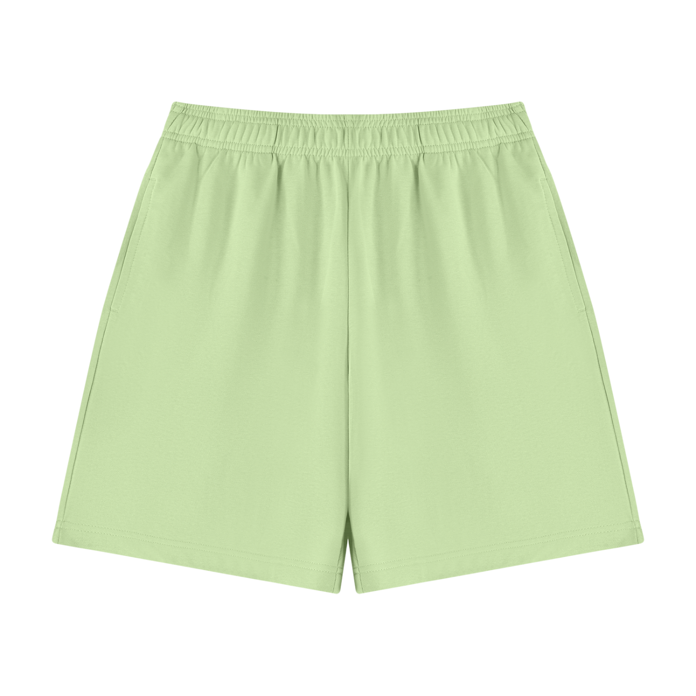Unisex cotton drawstring shorts, light green, elastic waistband, no pocket detail shown
