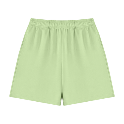 Unisex cotton drawstring shorts, light green, elastic waistband, no pocket detail shown
