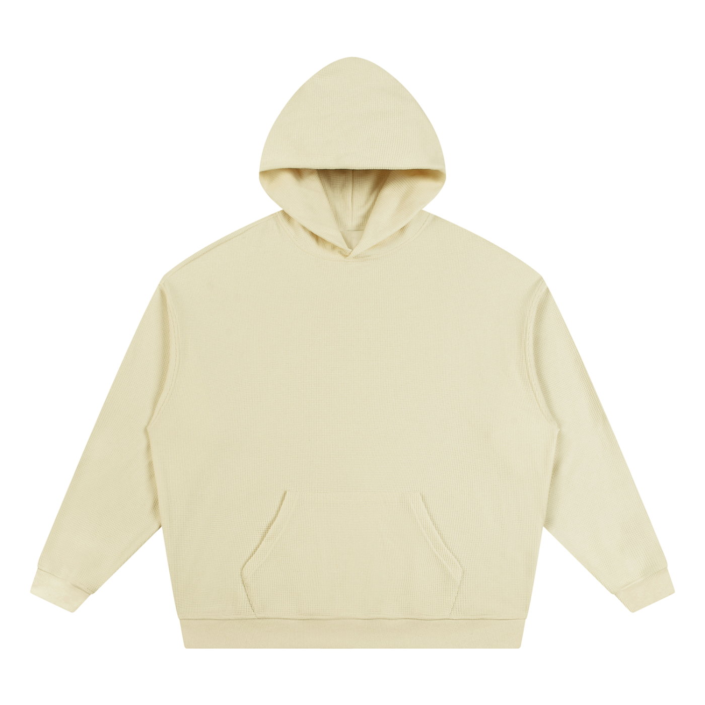 Light cream waffle pullover hoodie with hood and front kangaroo pocket, relaxed fit
