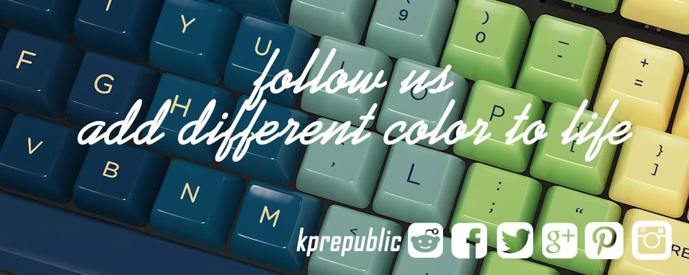 Colorful keyboard keycaps with follow us social icons overlay