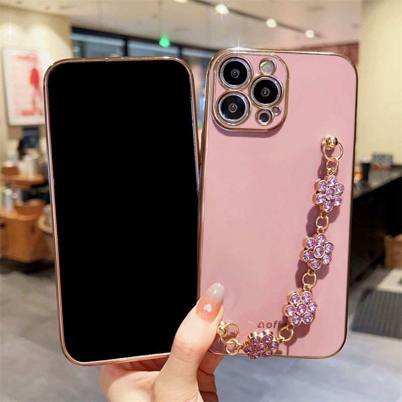 Pink phone case with purple rhinestone floral wrist bracelet chain