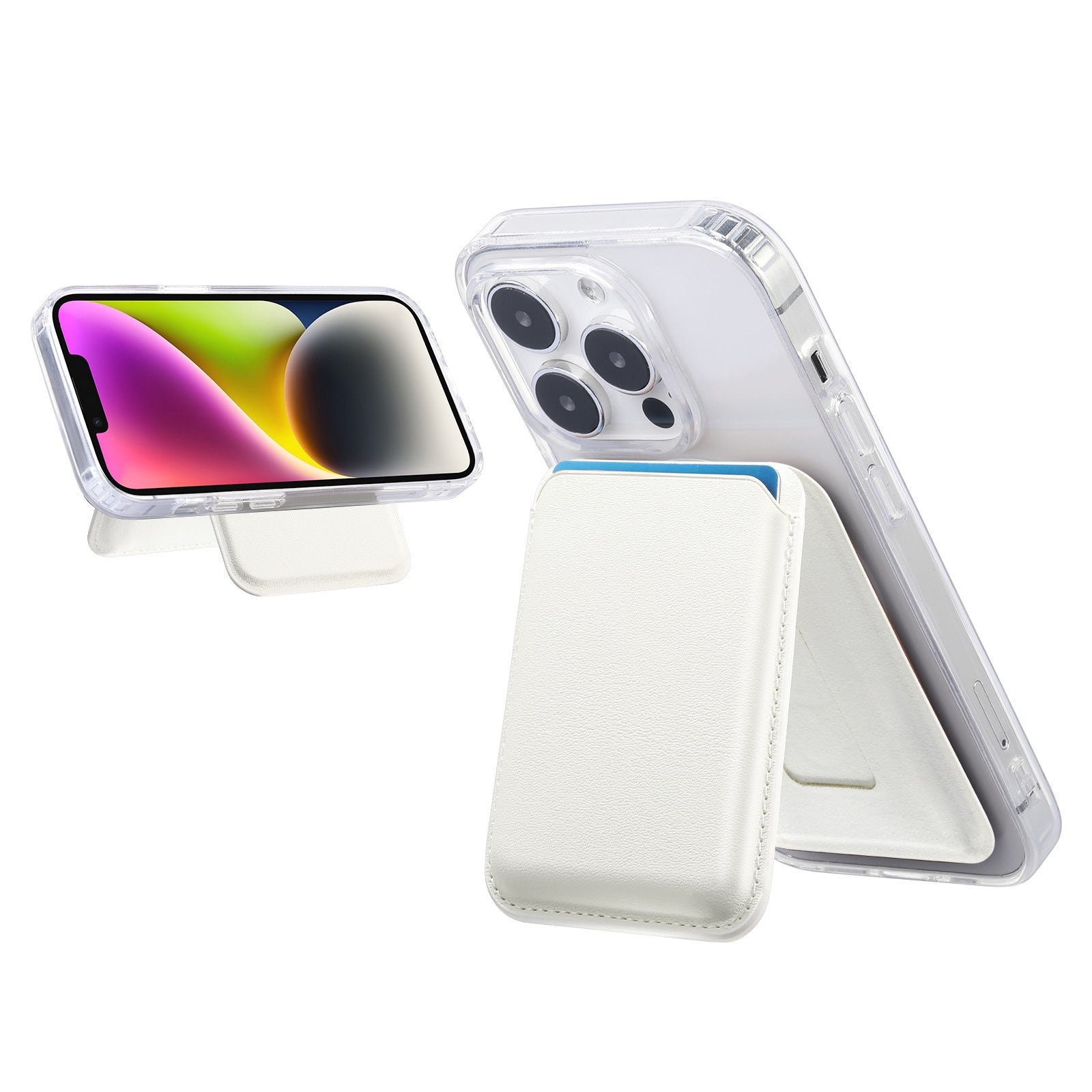 Magnetic card holder wallet with stand, white faux-leather style, phone-on-angle view