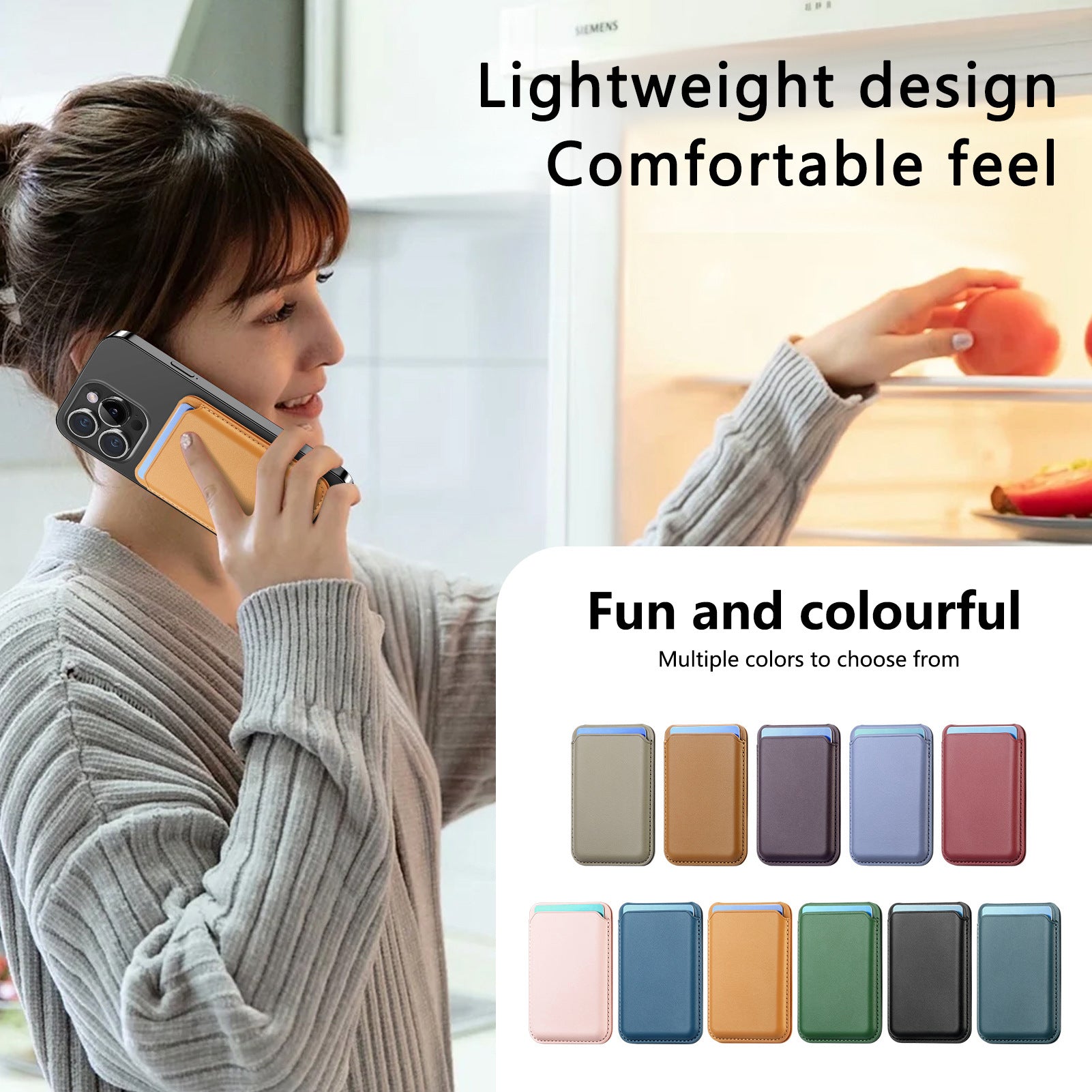 Magnetic card holder wallet in multiple colors, includes light blue and tan options