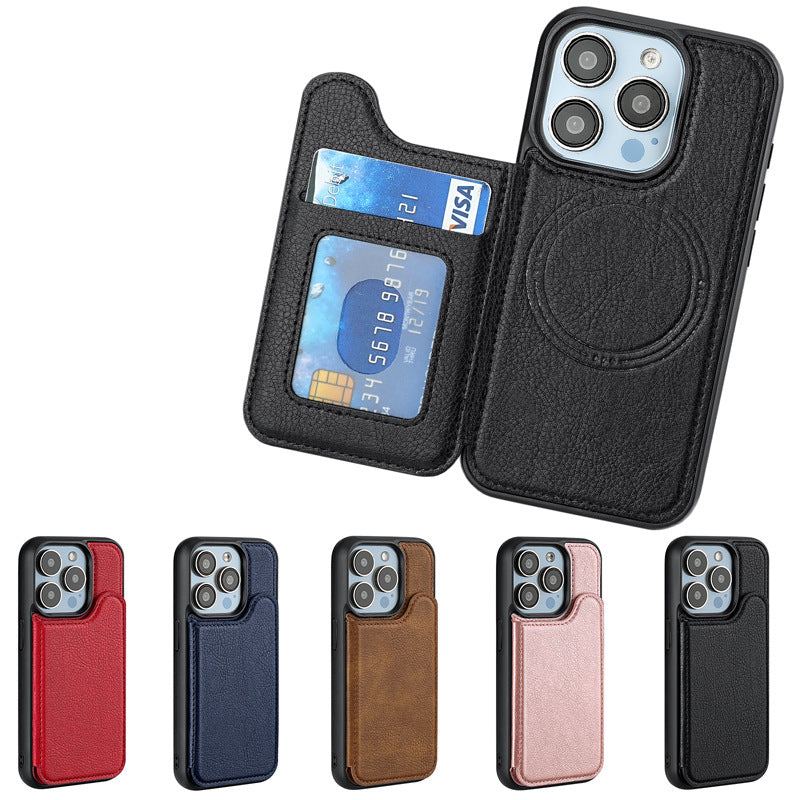 Black leather card-slot phone case with flap holding a credit card; camera cutouts visible