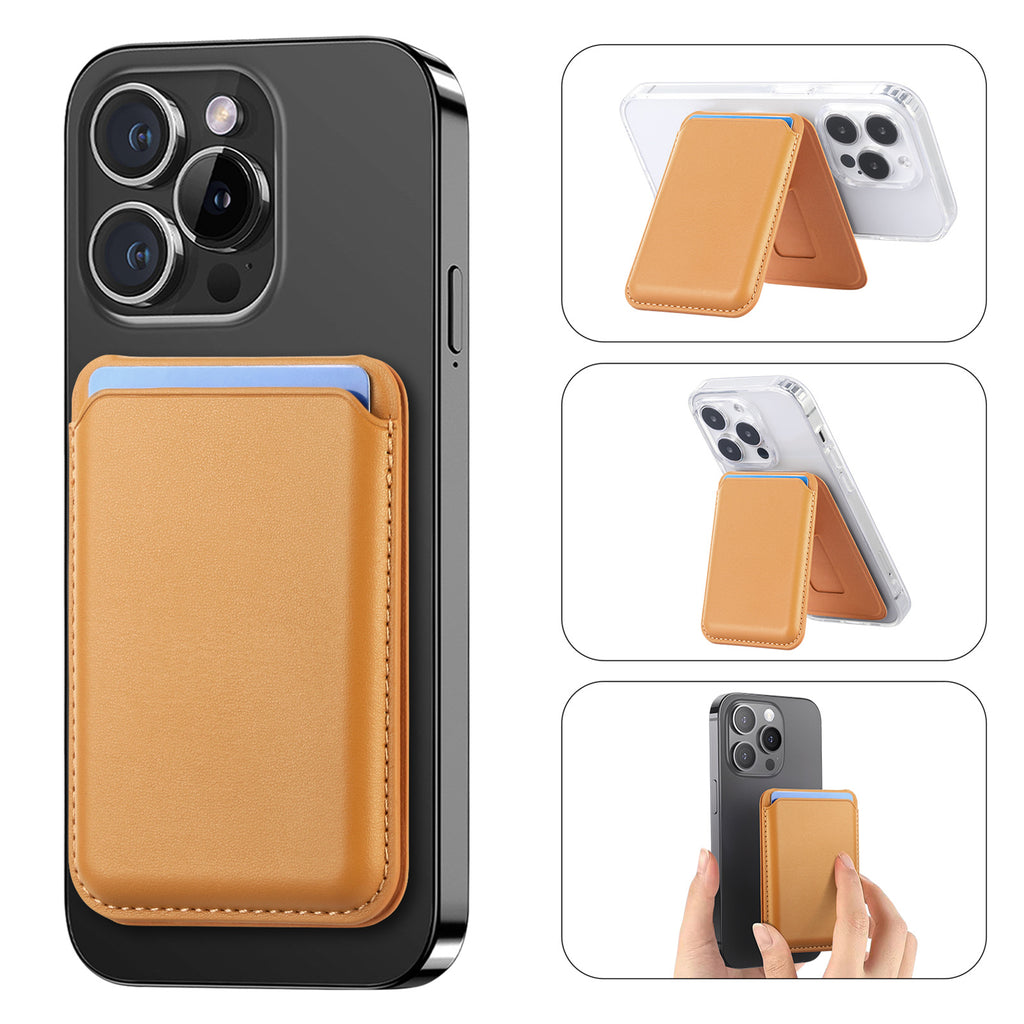 MagSafe card holder wallet with tan leather-look front and magnetic clasp