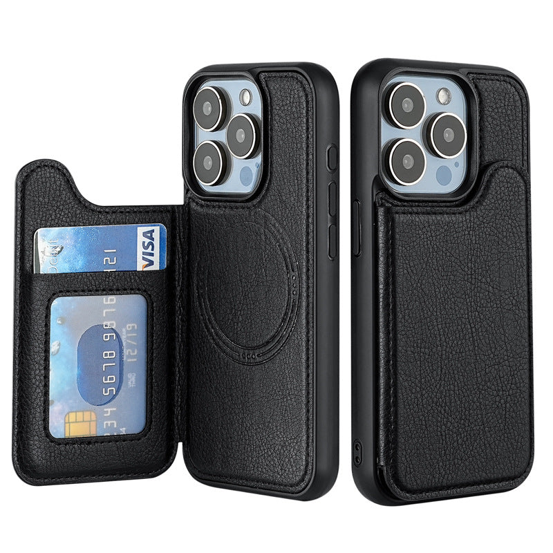 Black leather phone case with card pocket and circular belt-style magnetic holder
