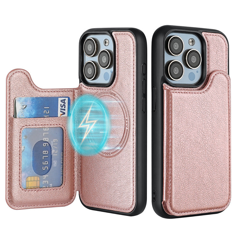 Rose leather iPhone protective case with card slot and Magsafe ring, phone cutouts