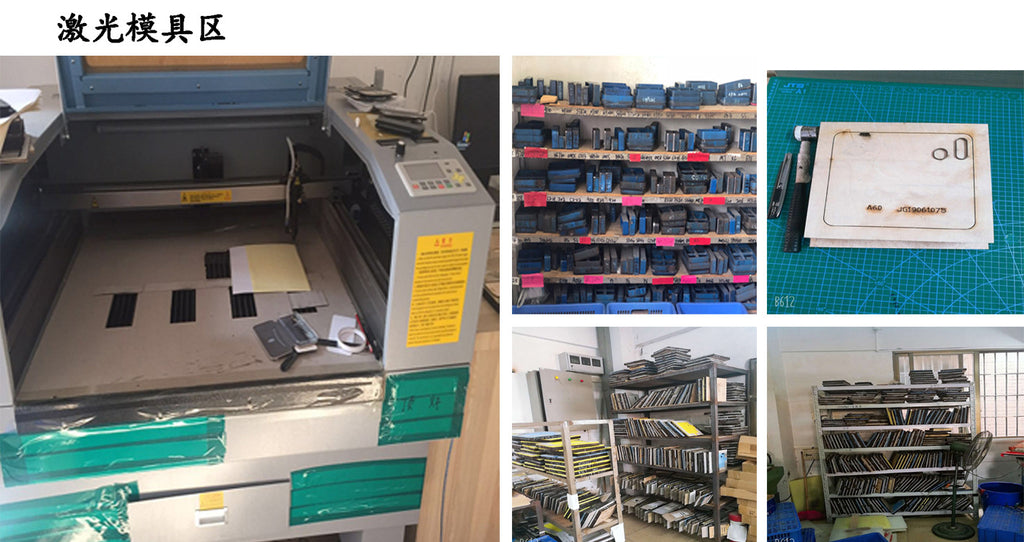 Phone case assembly and cutting tools area with materials on work tables