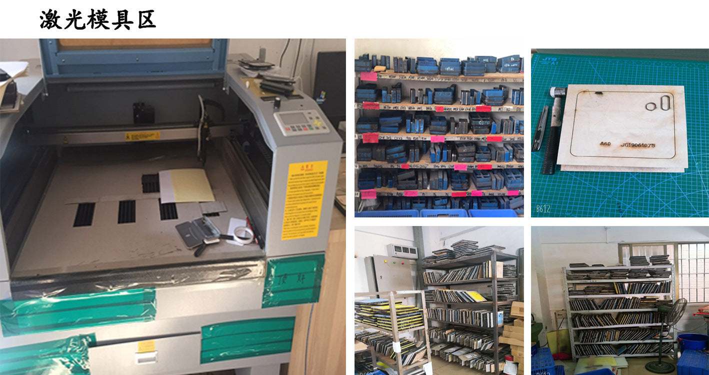 Phone case assembly and cutting tools area with materials on work tables