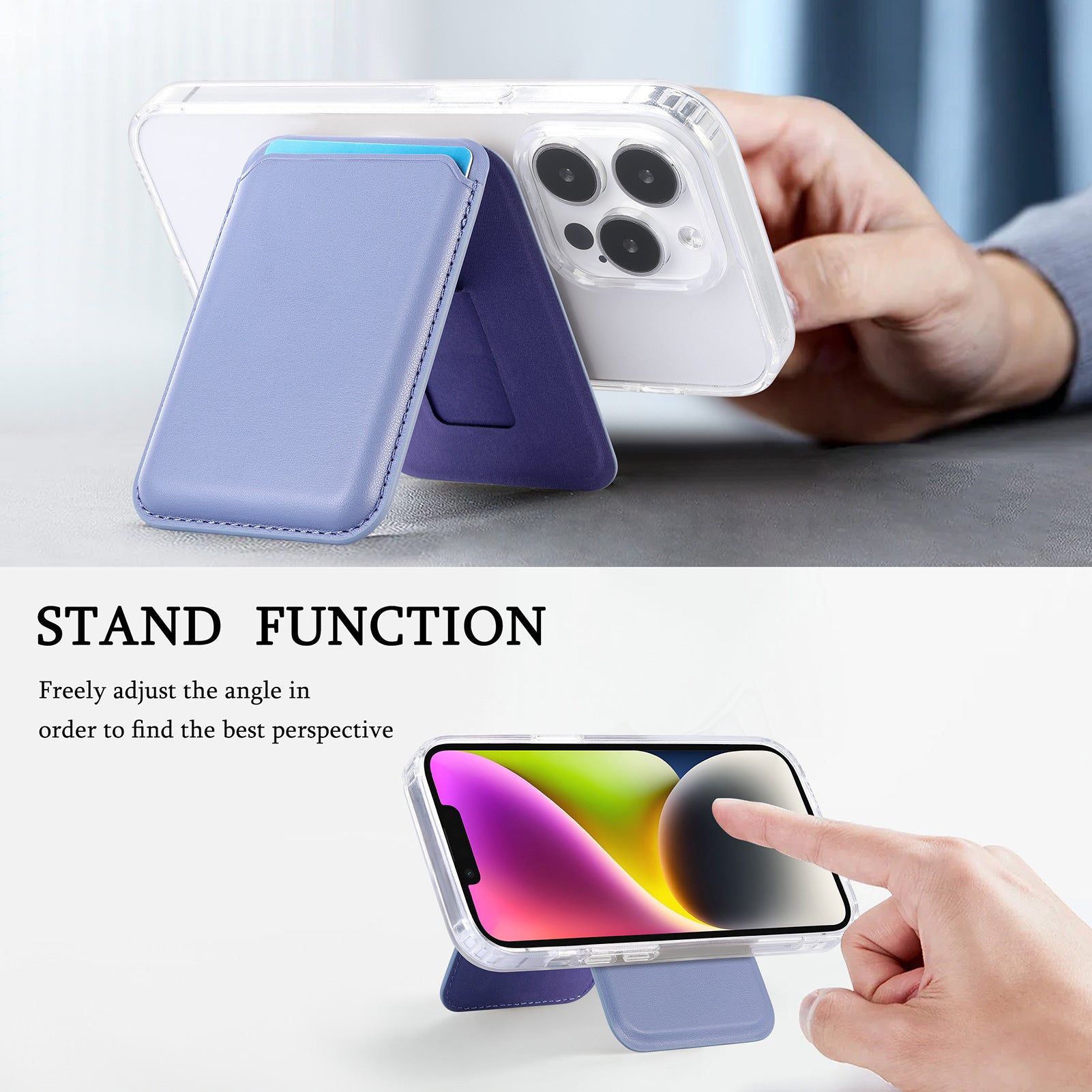 Magnetic MagSafe card holder with light purple stand flap for phone, adjustable viewing angle.