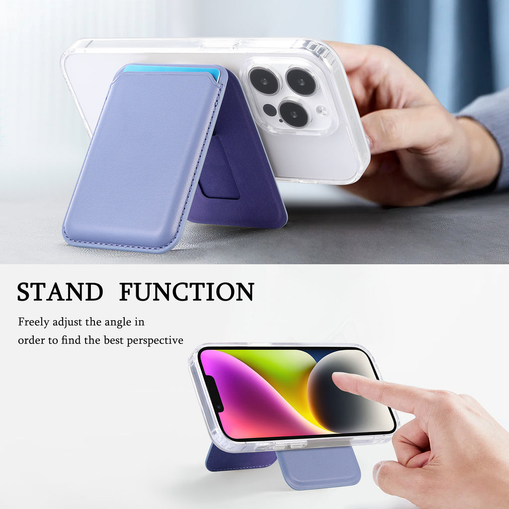 MagSafe card holder wallet with lavender stand flap and adjustable viewing angle