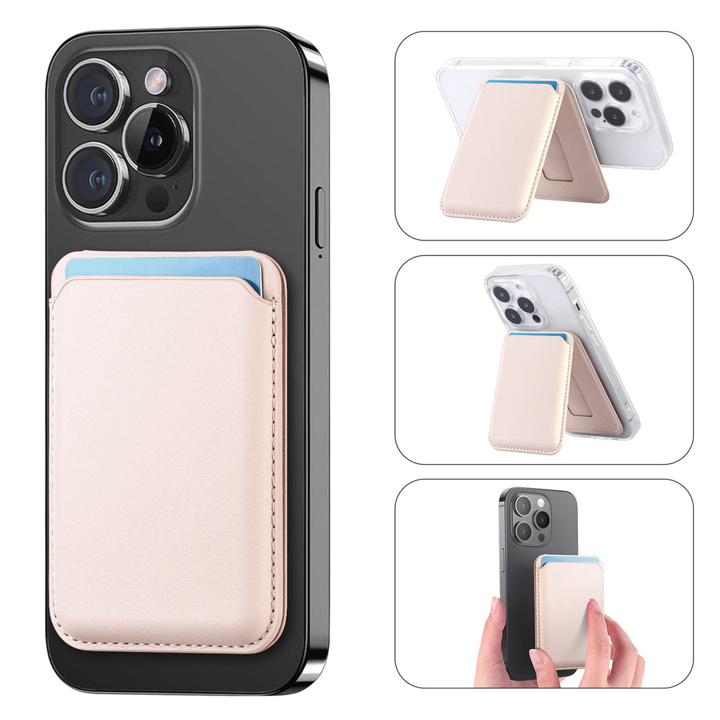 MagSafe card holder wallet clip, light pink leather with stitching, magnetic phone stand