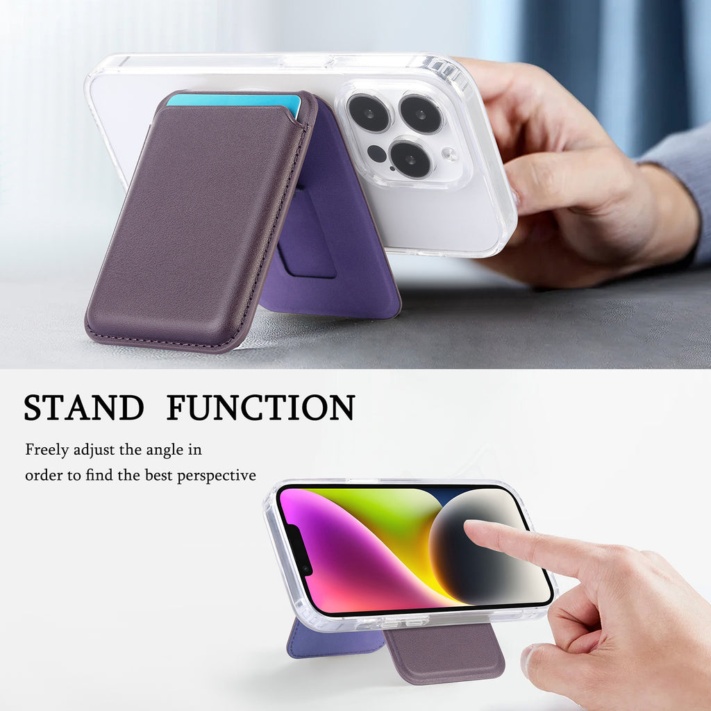 Magnetic MagSafe card holder with purple stand flap for phone, adjustable viewing angle.