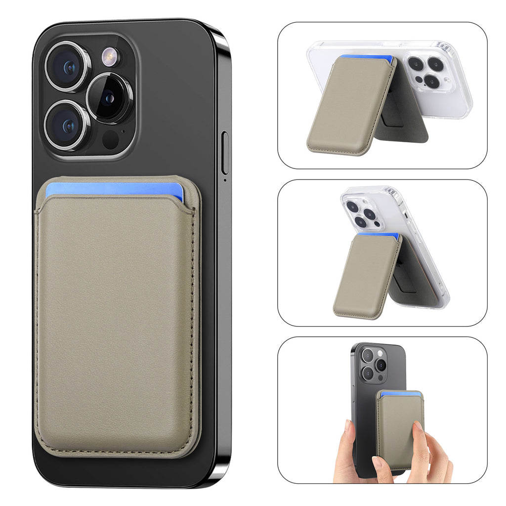 Magnetic MagSafe card holder with beige flap and viewing stand on a black phone case.