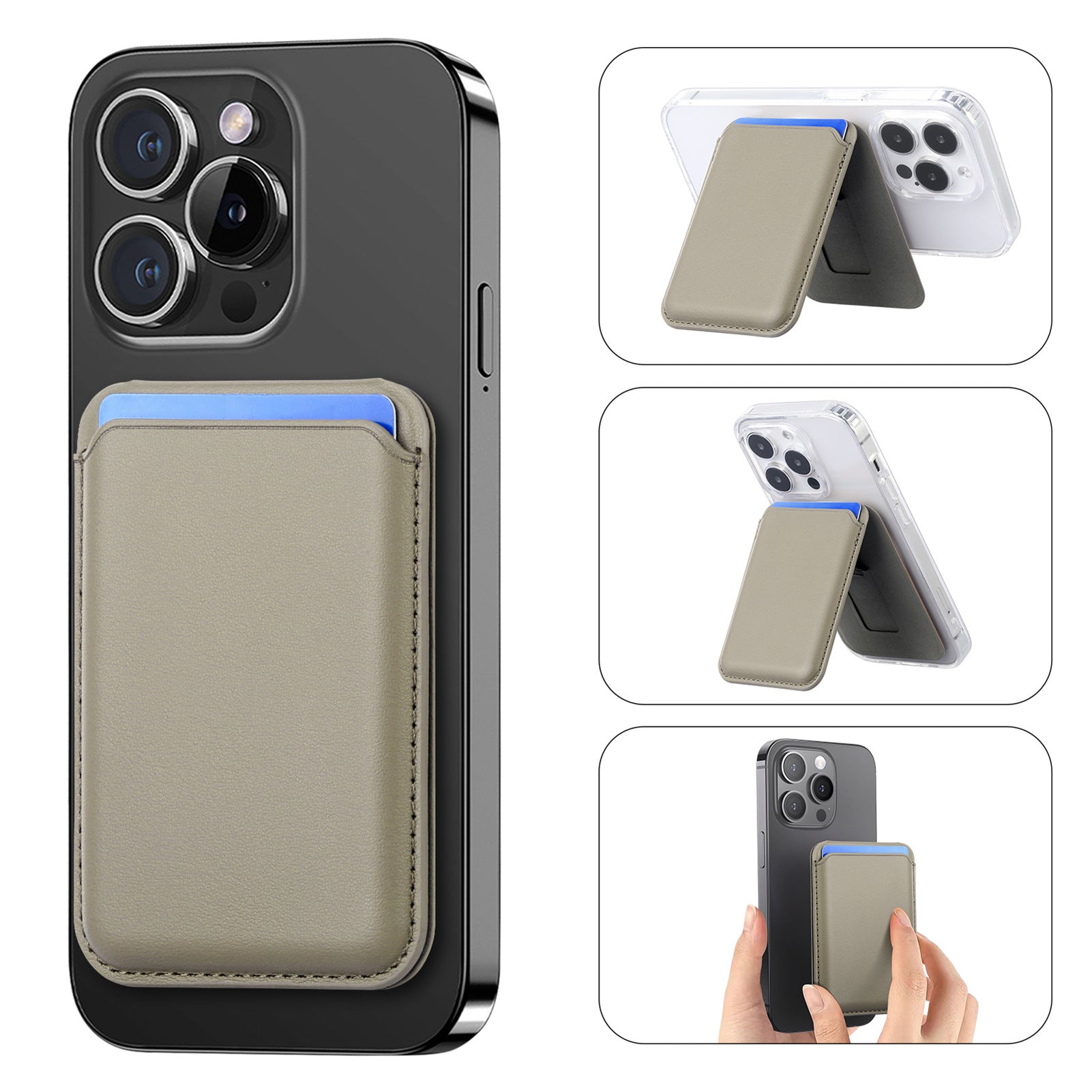 MagSafe card holder wallet with beige front flap on a black phone case stand