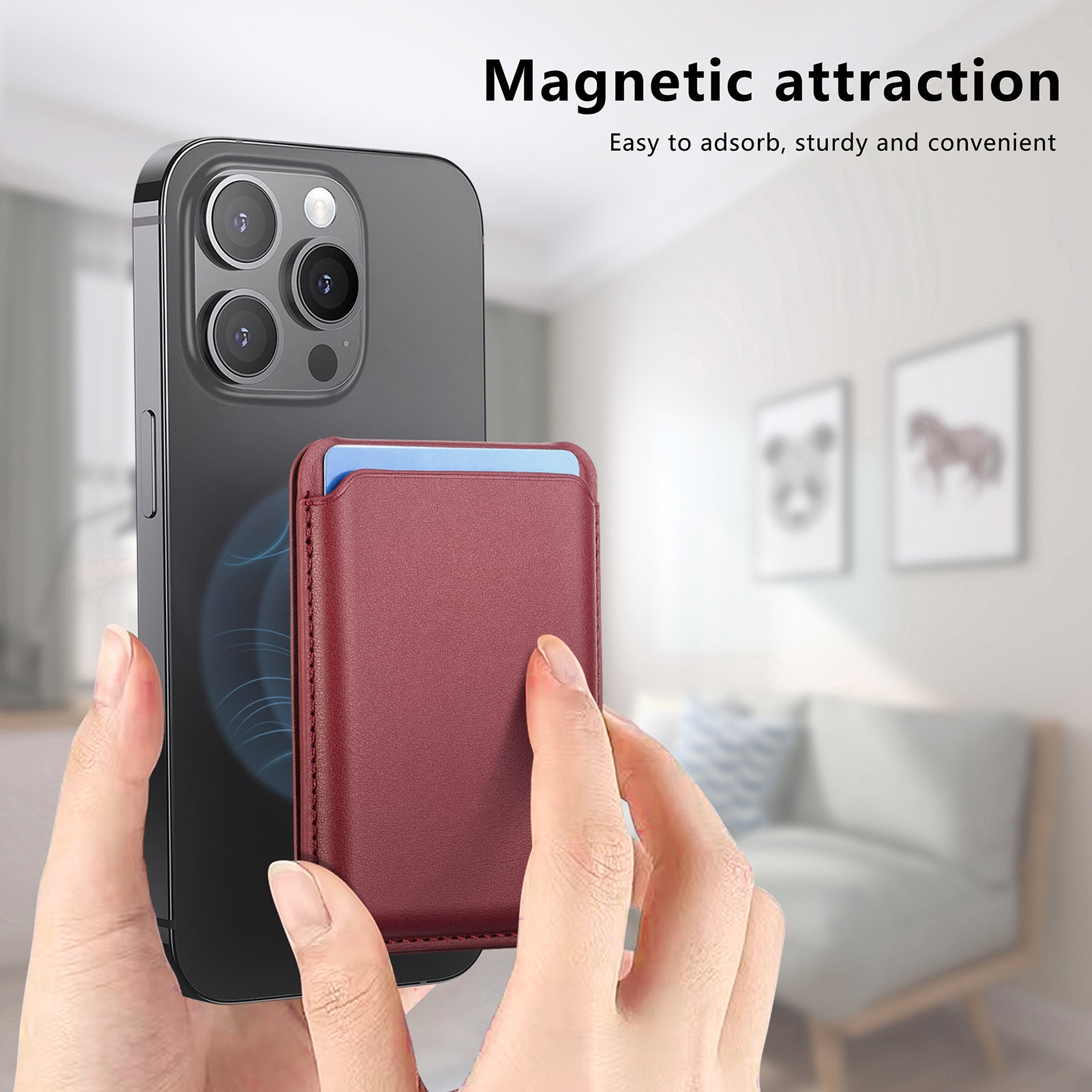 Magnetic card holder wallet attached to smartphone, red cover with loop