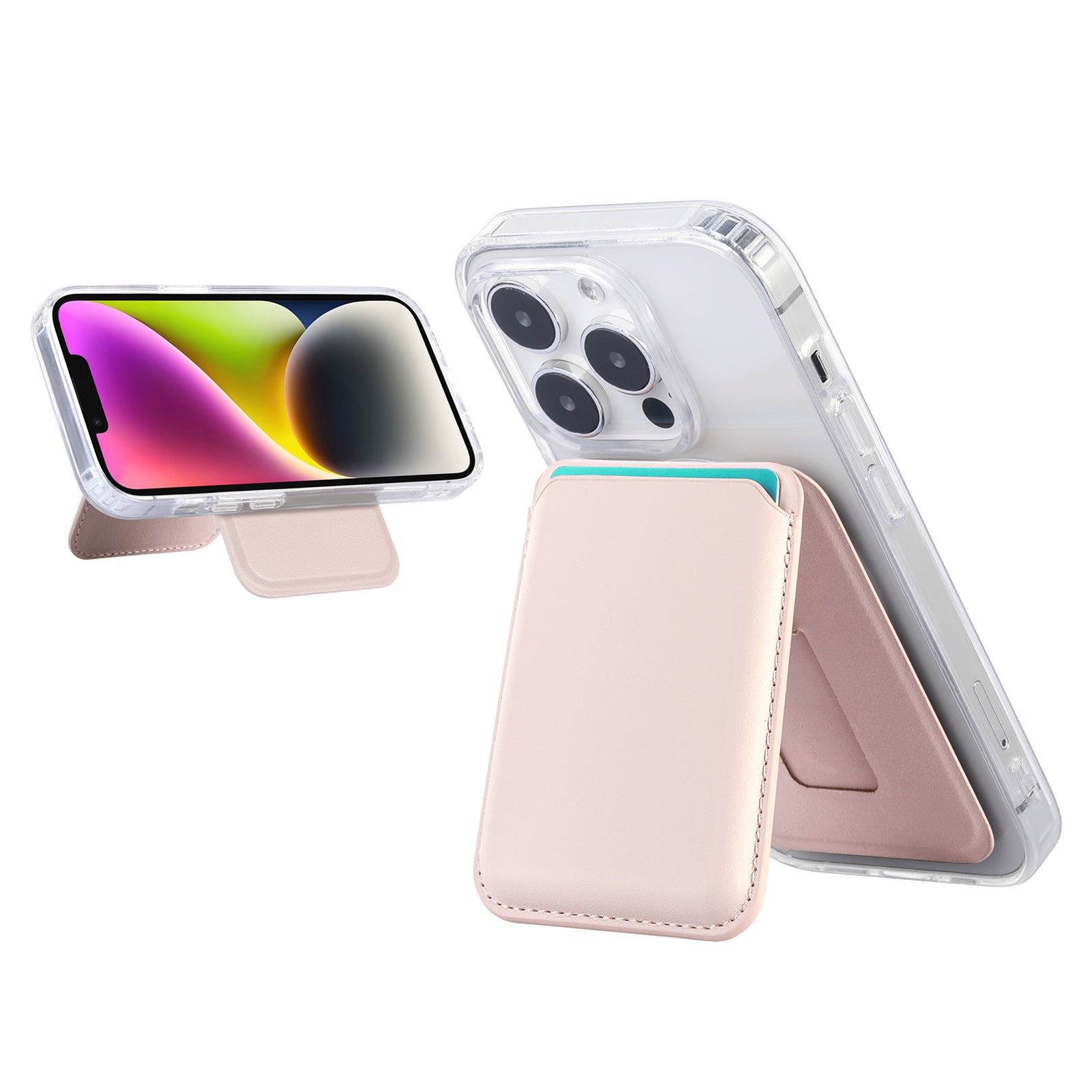Magnetic card holder wallet for iPhone, blush pink leather-look pocket with stand