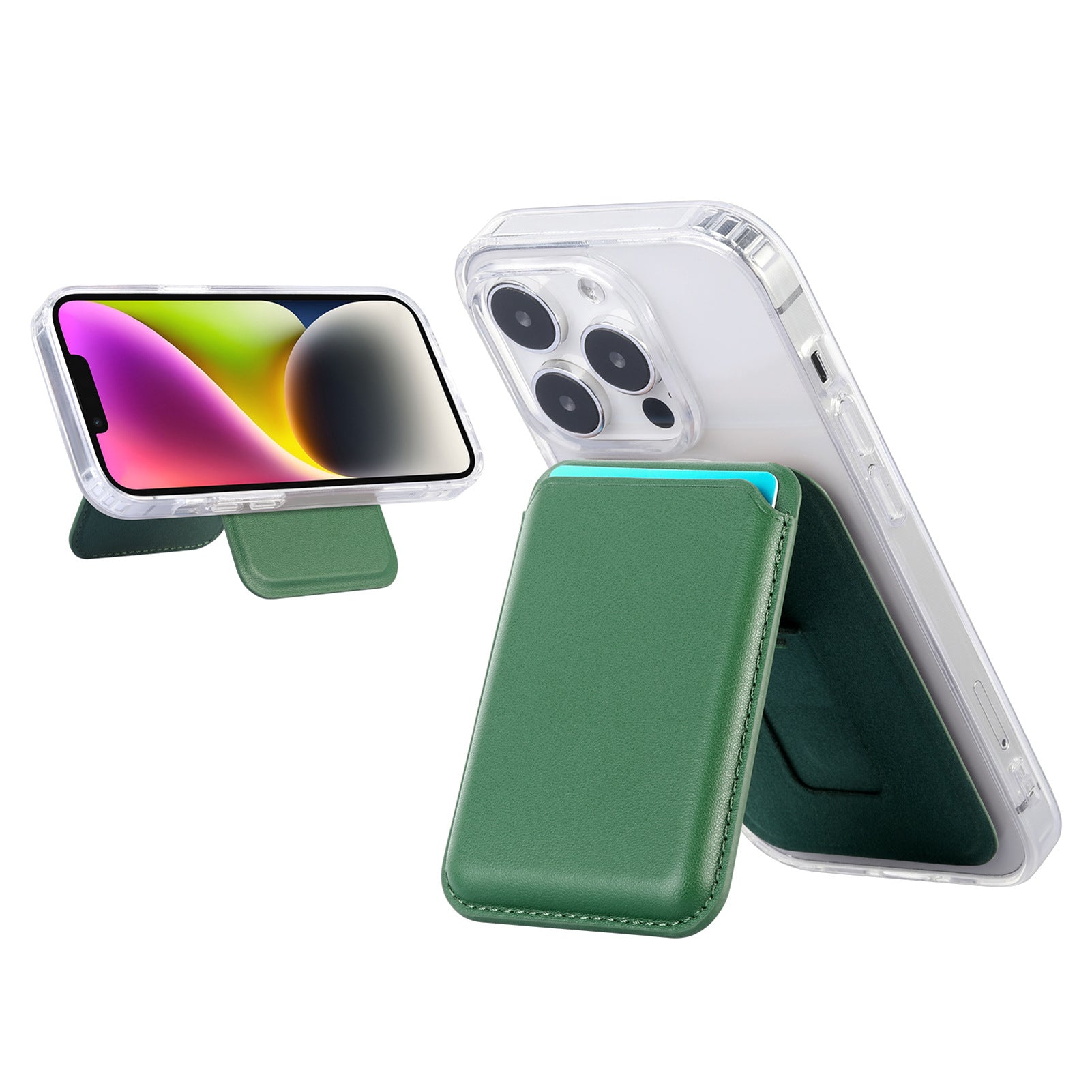 Magnetic card holder wallet for iPhone, green leather-look pocket with stand support