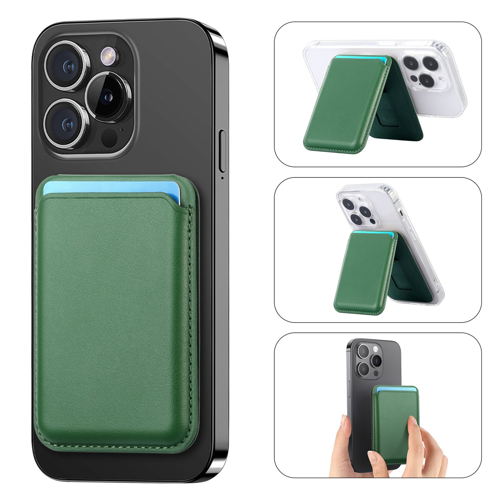 MagSafe card holder wallet with green leather-look front and magnetic clasp