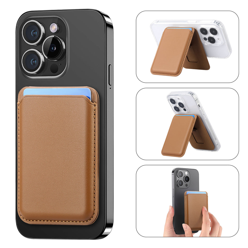 Magnetic MagSafe card holder with tan flap and viewing stand on a black phone case.