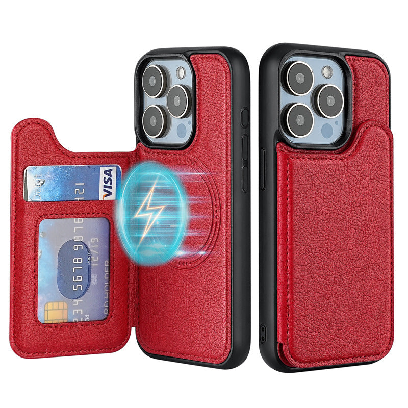 Red leather phone case with card holder and magnetic MagSafe ring