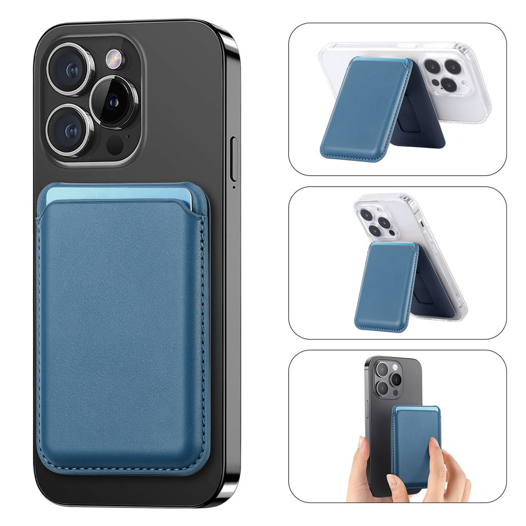 MagSafe card holder wallet clip, blue leather with stitching, magnetic phone stand