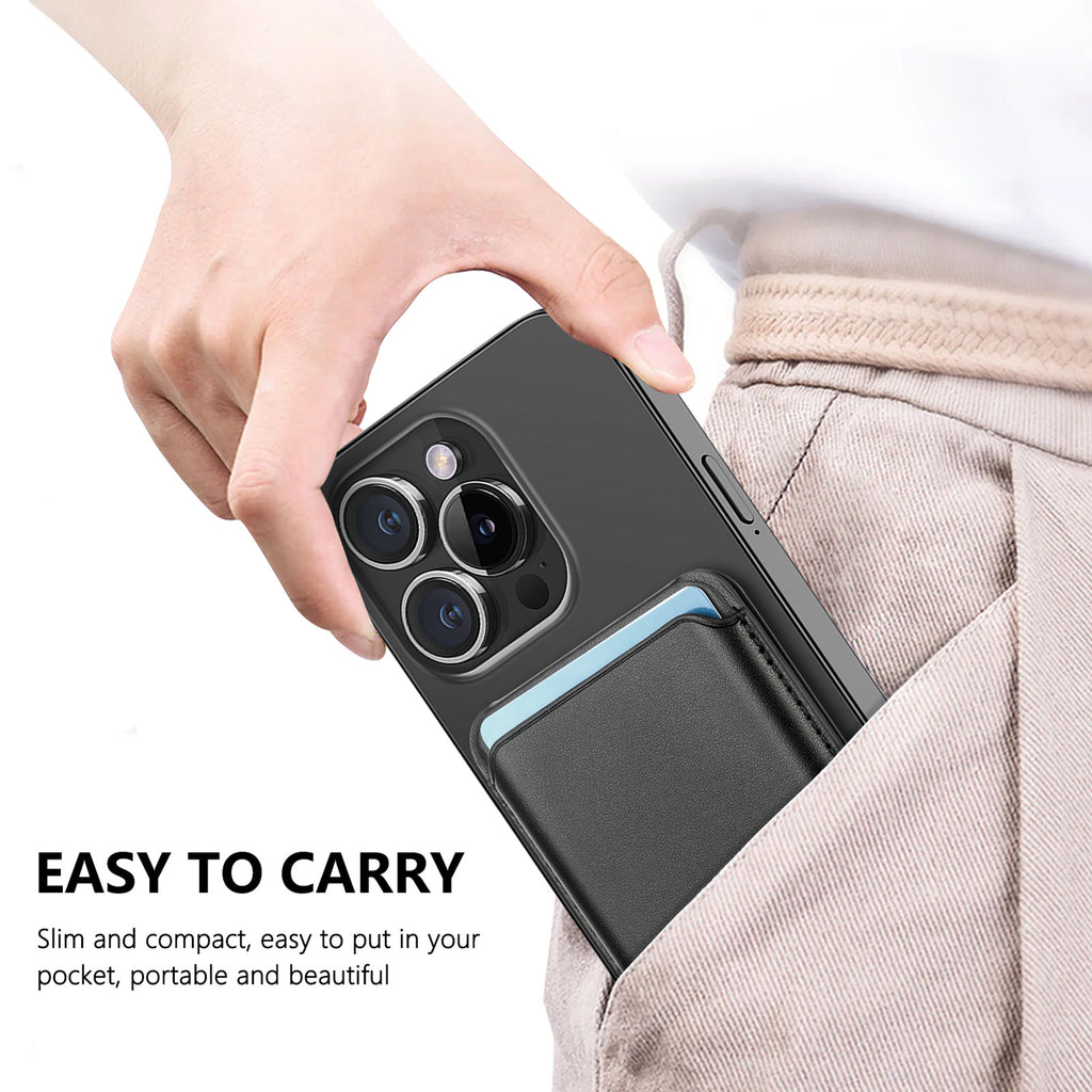 Magnetic MagSafe card holder with dark gray/black flap and blue accent, for phone storage.