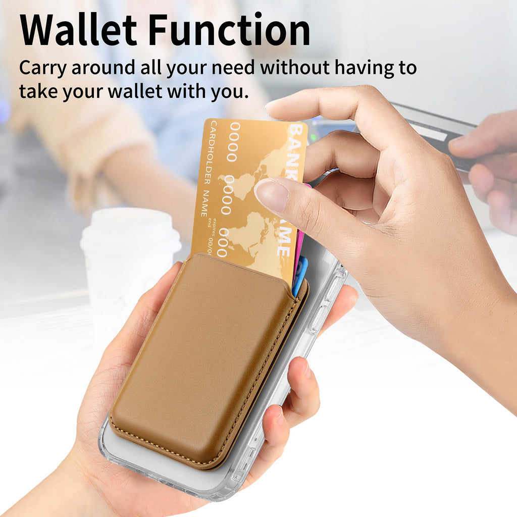 Magnetic card holder wallet with tan cover and card slots, held in hand