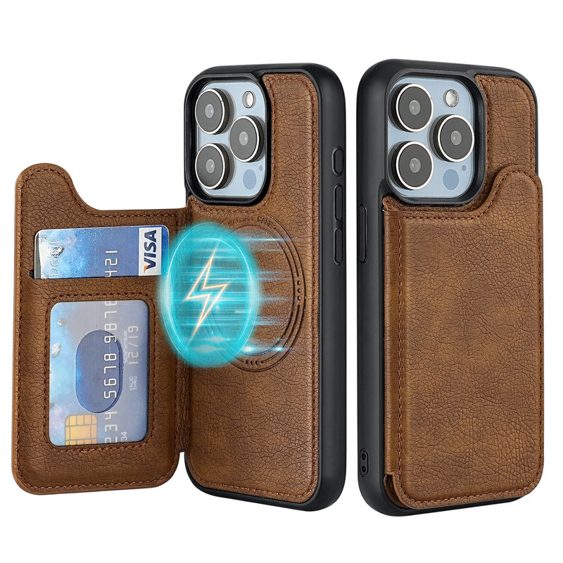 Brown leather iPhone protective case with card slot and Magsafe ring, phone cutouts