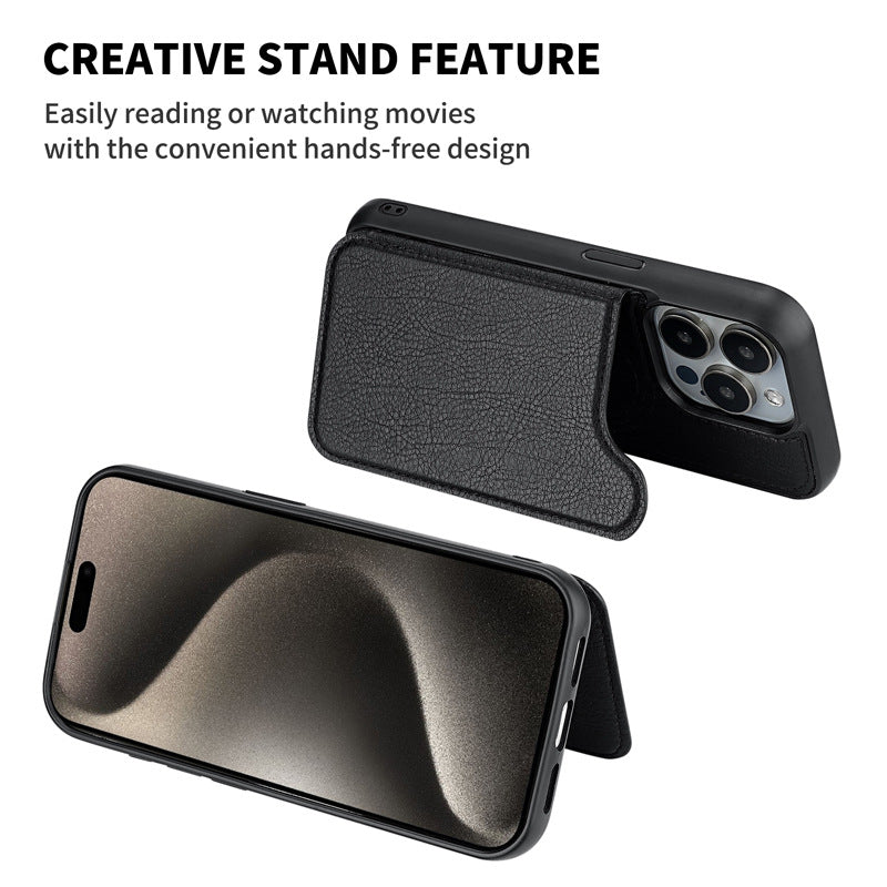 Black leather phone case with fold-out stand cover and raised camera protection