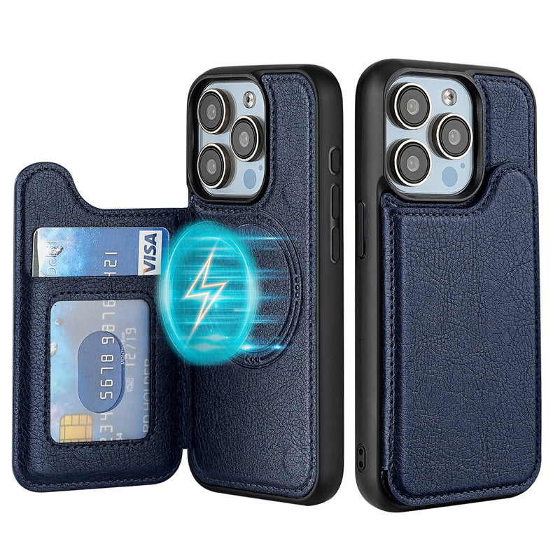 Navy blue leather phone case with card slot and circular MagSafe-style magnetic ring
