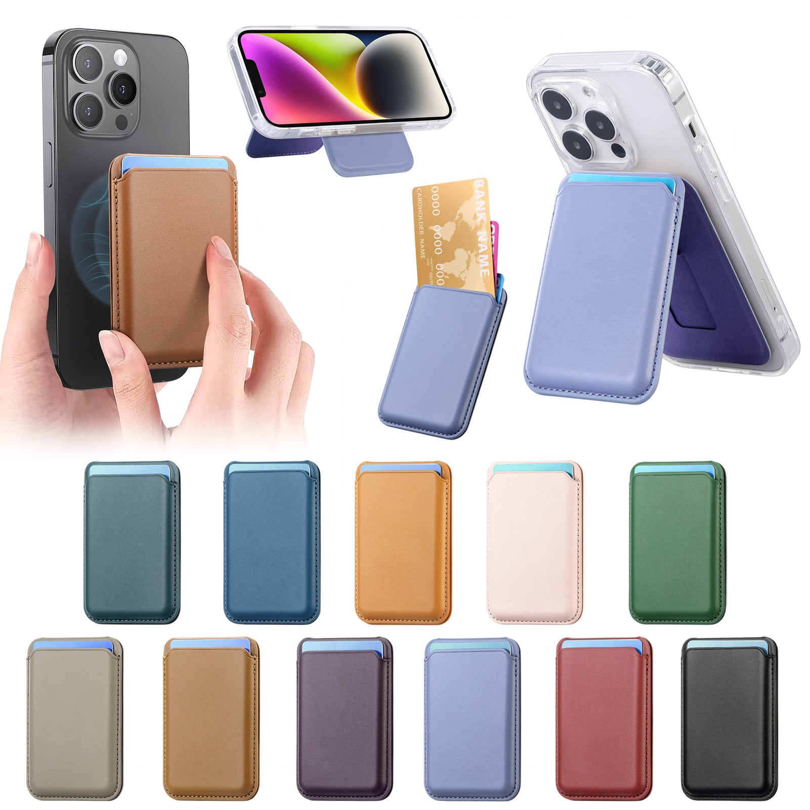 Magnetic Magsafe card holder wallet with leather-look surface, attached to phone
