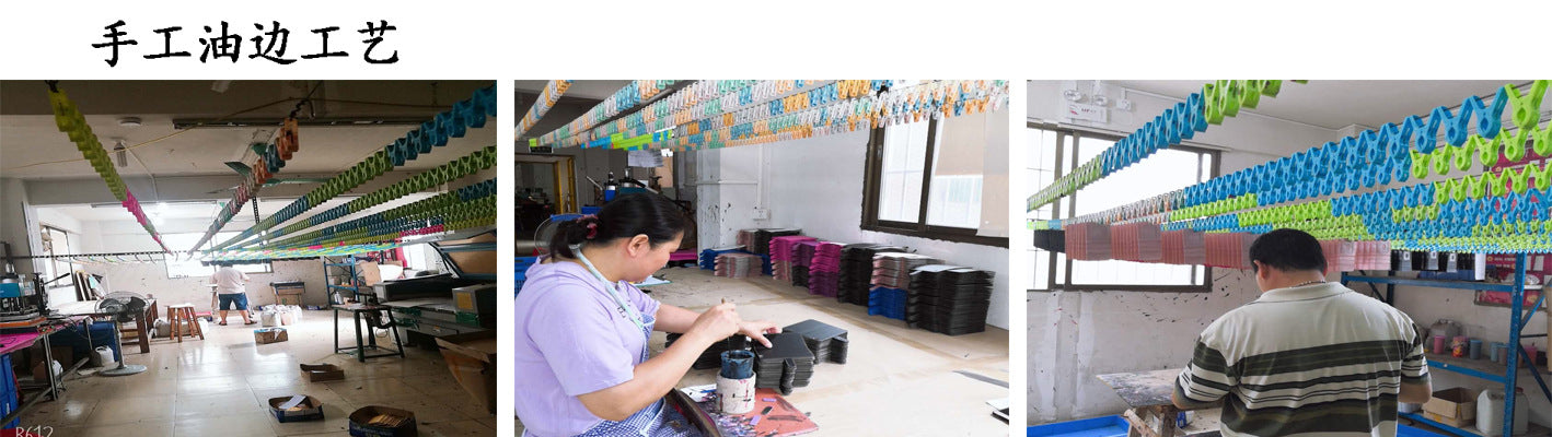 Phone case stitching workspace with workers and overhead lighting