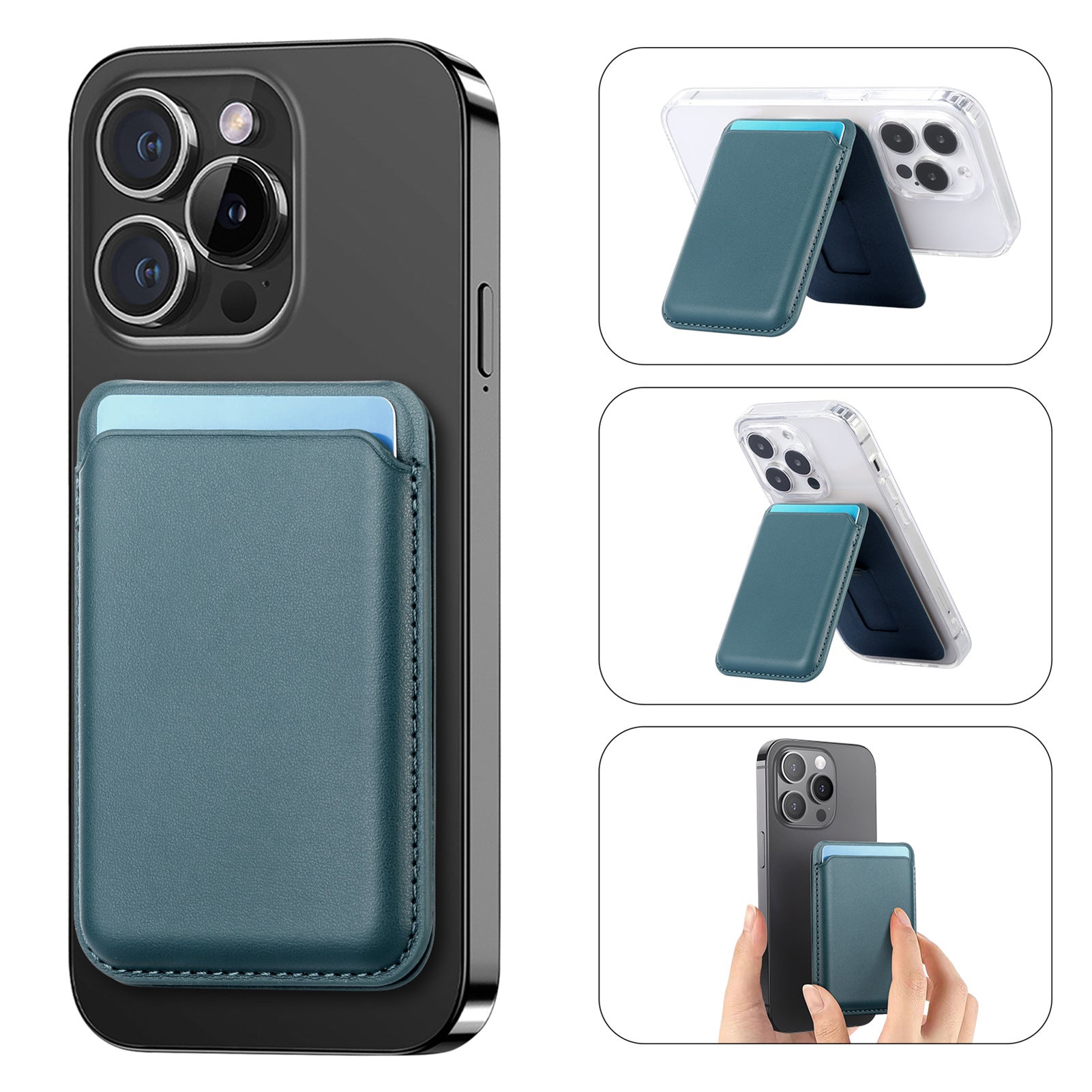 MagSafe card holder wallet with teal blue leather-look front and magnetic clasp