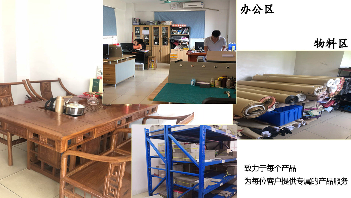 Phone case product storage area with shelves, boxes, and a desk in the background