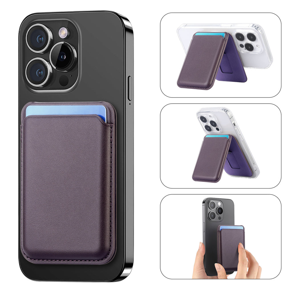 MagSafe card holder wallet with dark purple leather-look front and magnetic clasp