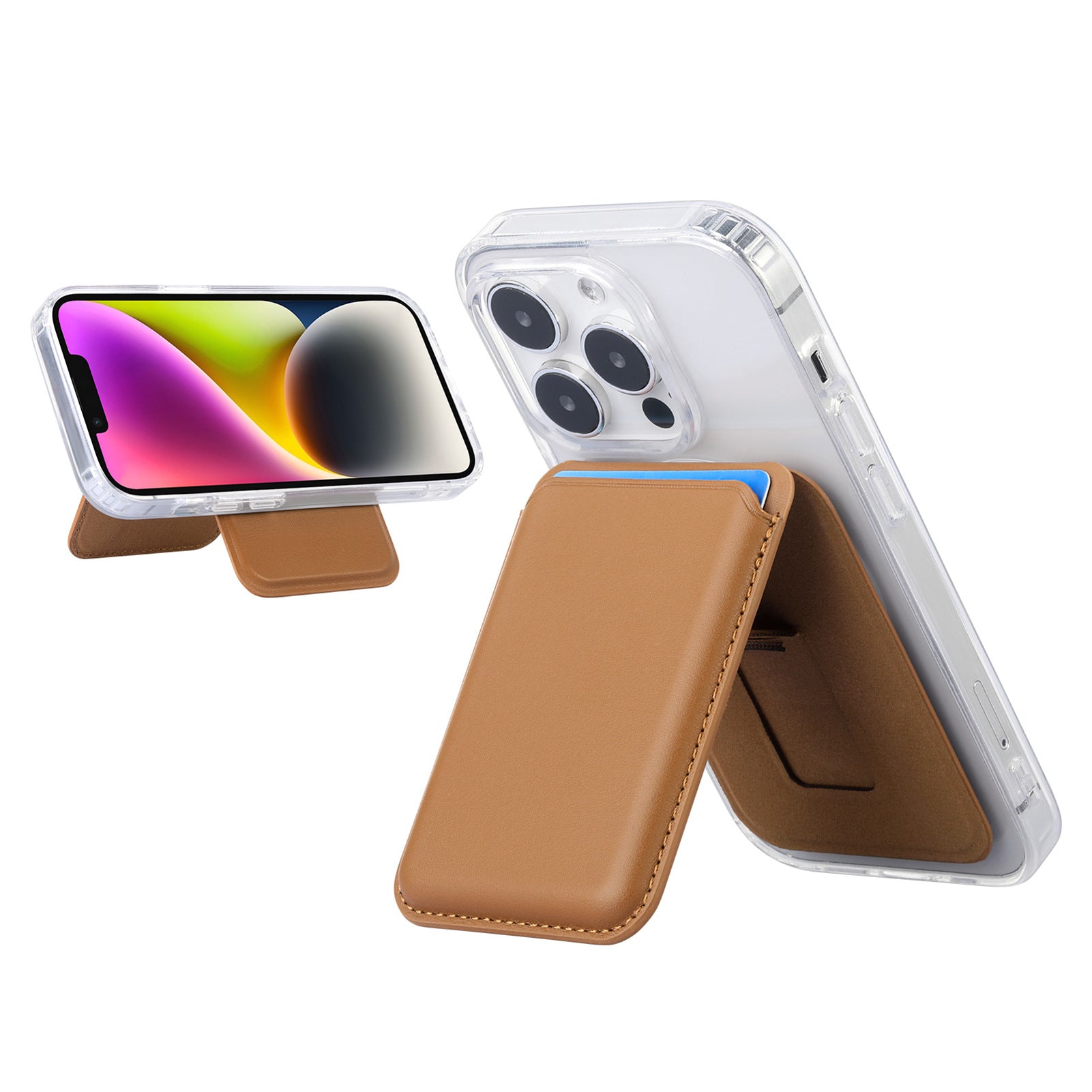 Magnetic card holder wallet for iPhone, tan leather-look pocket with stand support
