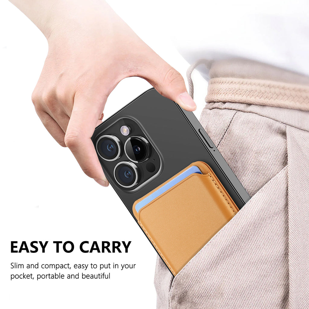 Magnetic MagSafe card holder with tan flap and blue accent, for phone storage.