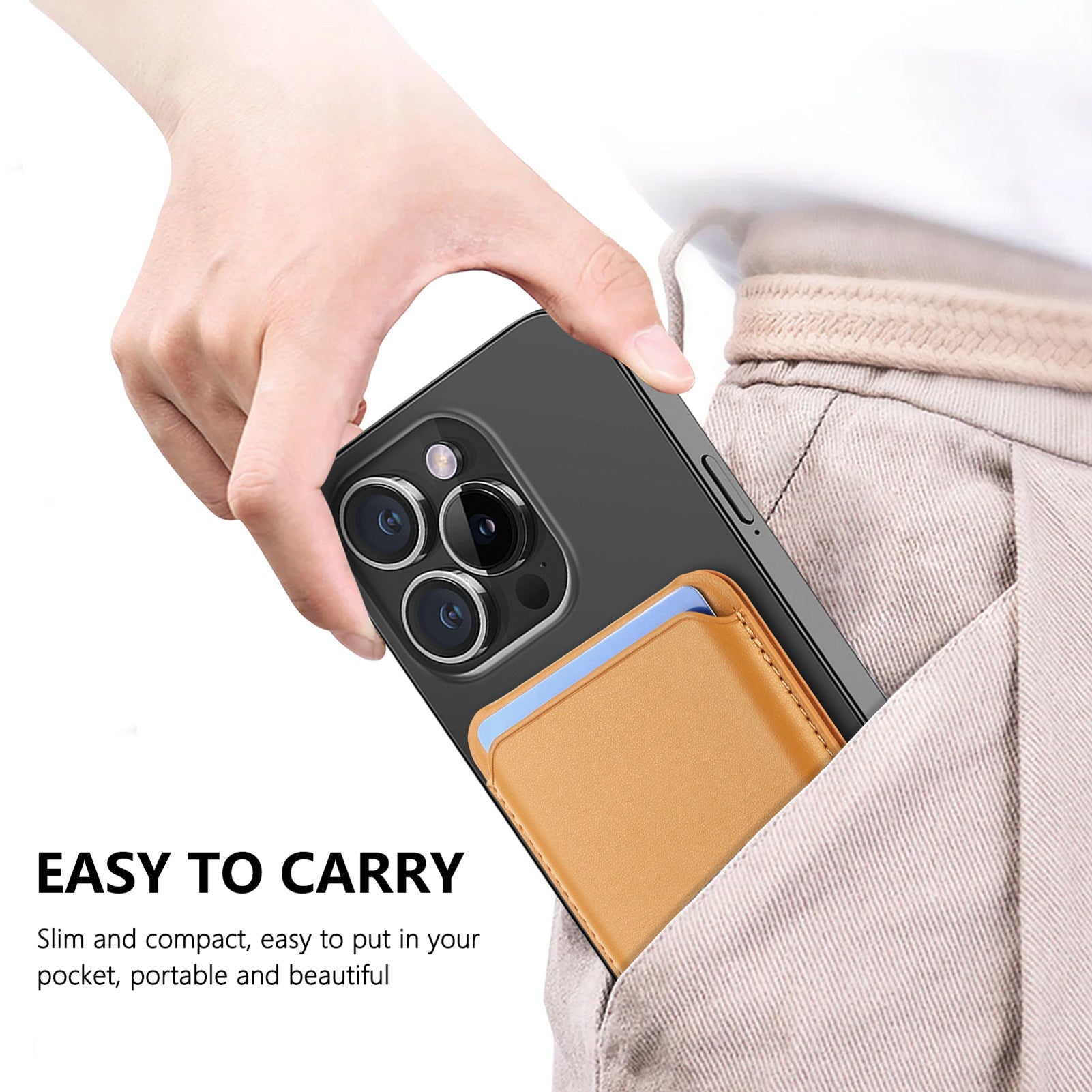 Magnetic MagSafe card holder with tan flap and blue accent, for phone storage.