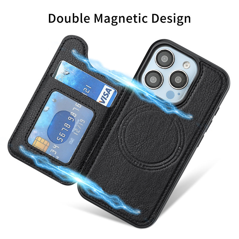 Black leather phone case with card pocket and magnetic closure design