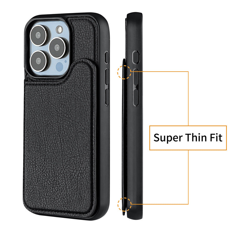 Slim black leather phone case with card pocket; side view shows thin profile